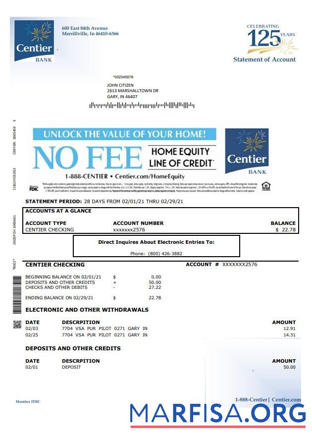 Realistic USA Indiana Centier bank statement word template